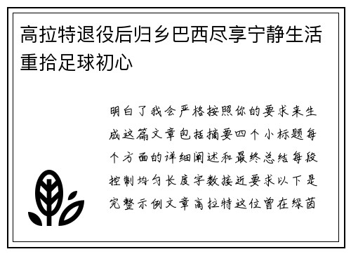 高拉特退役后归乡巴西尽享宁静生活重拾足球初心 高拉特退役后归乡巴西尽享宁静生活重拾足球初心